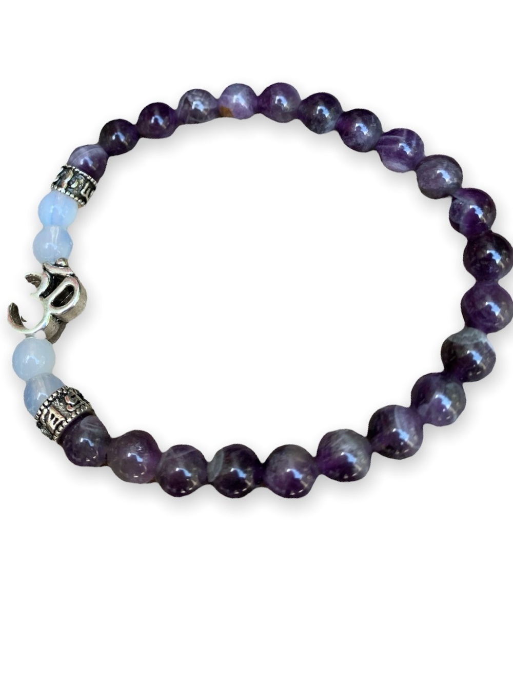 Purple Amethyst Beaded Stretch Bracelet with Om Charm